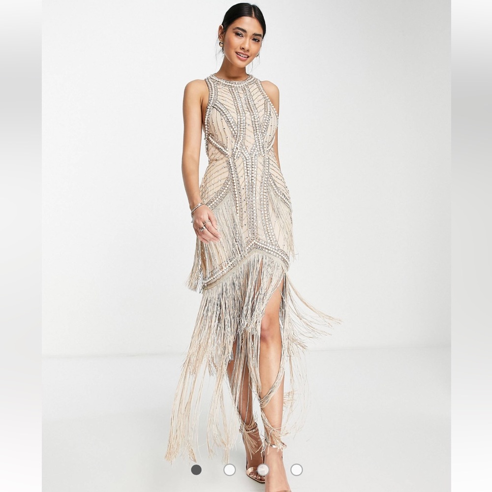 ISO Seeking ASOS EMBELLISHED HIGH NECK DRESS WITH FRINGED HEM IN BLUSH SIZE 0